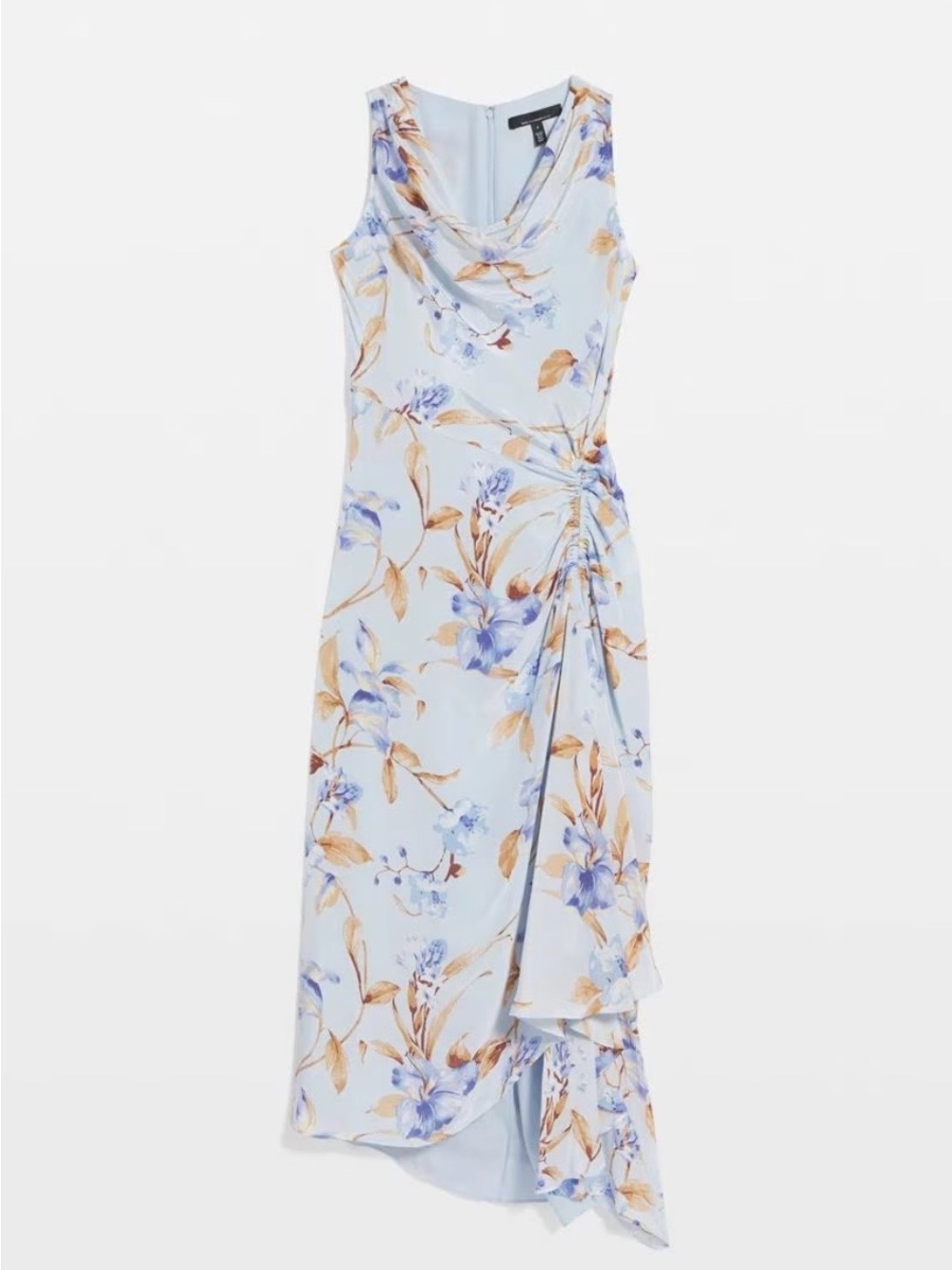 WHBM Cowl Neck Ruched Midi Dress Floral in Light Blue Size 6 - Picture 9 of 17